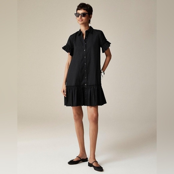 J. Crew Amelia Cotton Poplin Shirt Dress in Black Size XXS Mini Ruffled - Picture 2 of 12